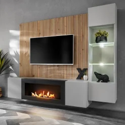 Parete attrezzata con biocamino 200x150h cm pannello effetto cannettato grigio perla rovere Luvox