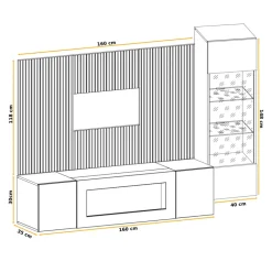 Parete attrezzata con biocamino 200x150h cm pannello effetto cannettato grigio perla rovere Luvox