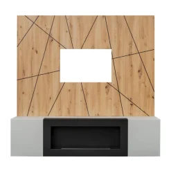 Parete attrezzata con biocamino 160x120h cm pannello effetto geometrico grigio perla rovere Luvox