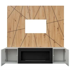 Parete attrezzata con biocamino 160x120h cm pannello effetto geometrico grigio perla rovere Luvox