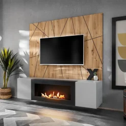 Parete attrezzata con biocamino 160x120h cm pannello effetto geometrico grigio perla rovere Luvox