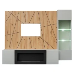 Parete attrezzata con biocamino 200x150h cm pannello effetto geometrico grigio perla rovere Luvox
