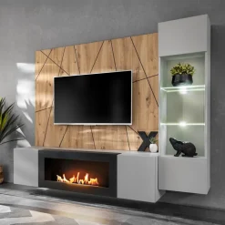 Parete attrezzata con biocamino 200x150h cm pannello effetto geometrico grigio perla rovere Luvox