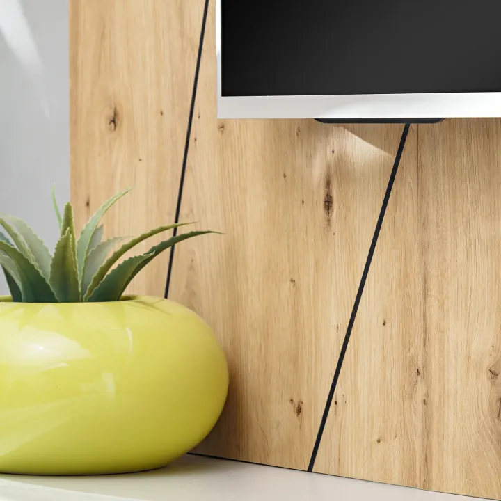 Parete attrezzata con biocamino 200x150h cm pannello effetto geometrico grigio perla rovere Luvox
