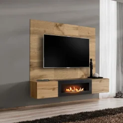 Parete attrezzata con biocamino 180x148h cm con 2 ante a ribalta rovere Geo 20
