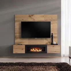 Parete attrezzata con biocamino 180x148h cm con 2 ante a ribalta rovere Geo 20
