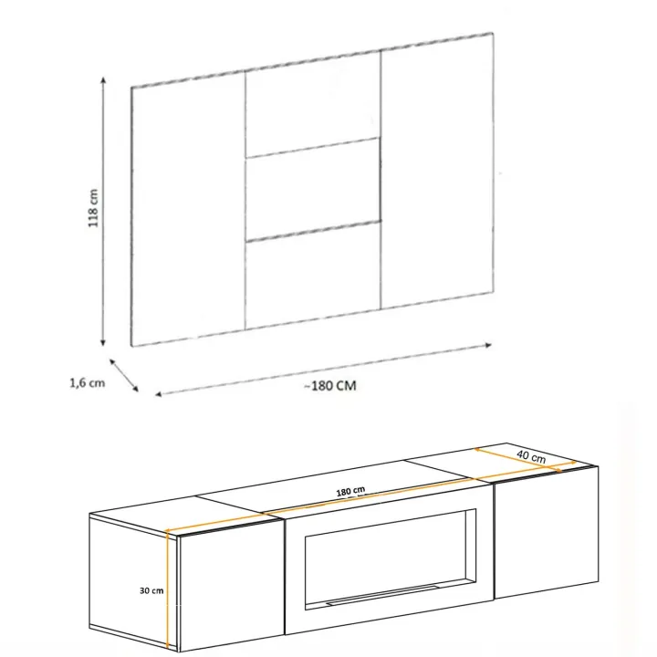 Parete attrezzata con biocamino 180x148h cm con 2 ante a ribalta rovere Geo 20