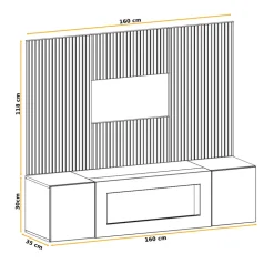 Parete attrezzata con biocamino 160x120h cm pannello effetto cannettato grigio perla rovere Luvox