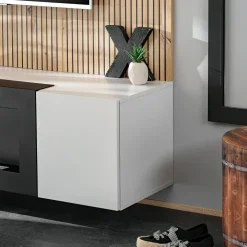 Parete attrezzata con biocamino 160x120h cm pannello effetto cannettato grigio perla rovere Luvox