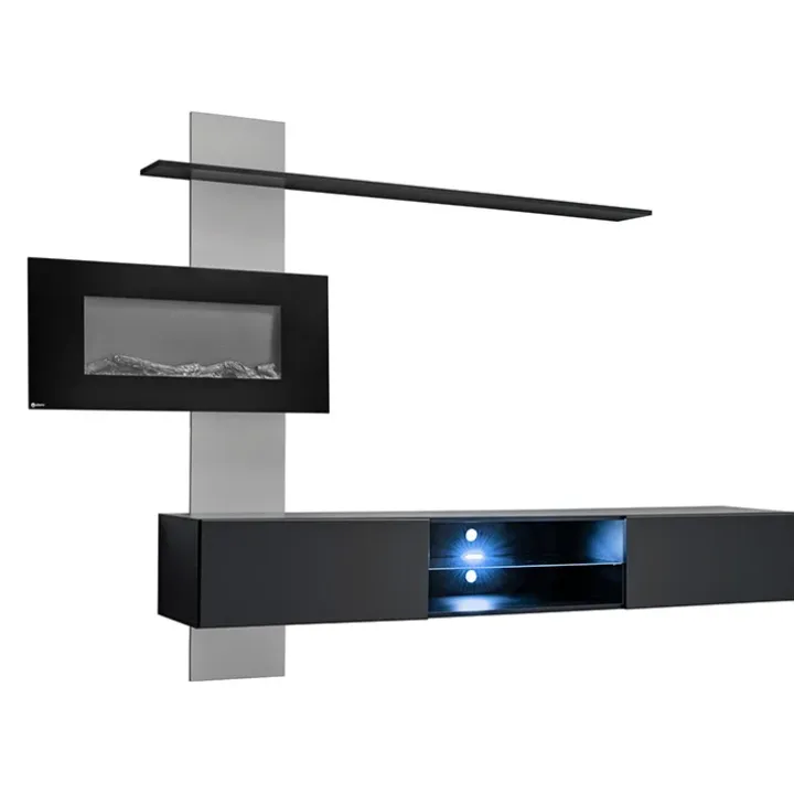 Parete attrezzata con camino elettrico 250x170h cm nero grigio Giotto