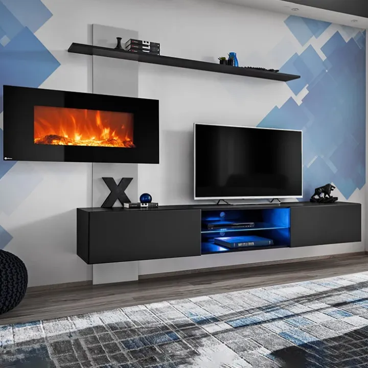 Parete attrezzata con camino elettrico 250x170h cm nero grigio Giotto