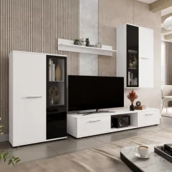Parete attrezzata con vetrina 235x180h cm bianco nero Leeds