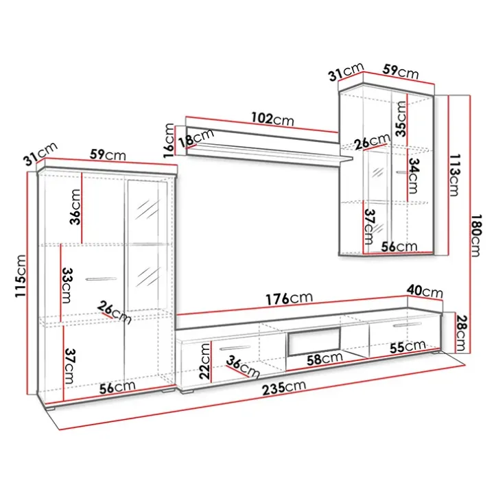 Parete attrezzata con vetrina 235x180h cm bianco nero Leeds