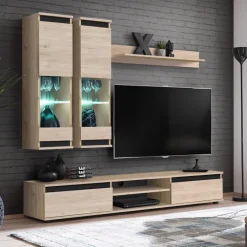 Parete attrezzata soggiorno 175x150h cm moderna rovere naturale nero Siviglia