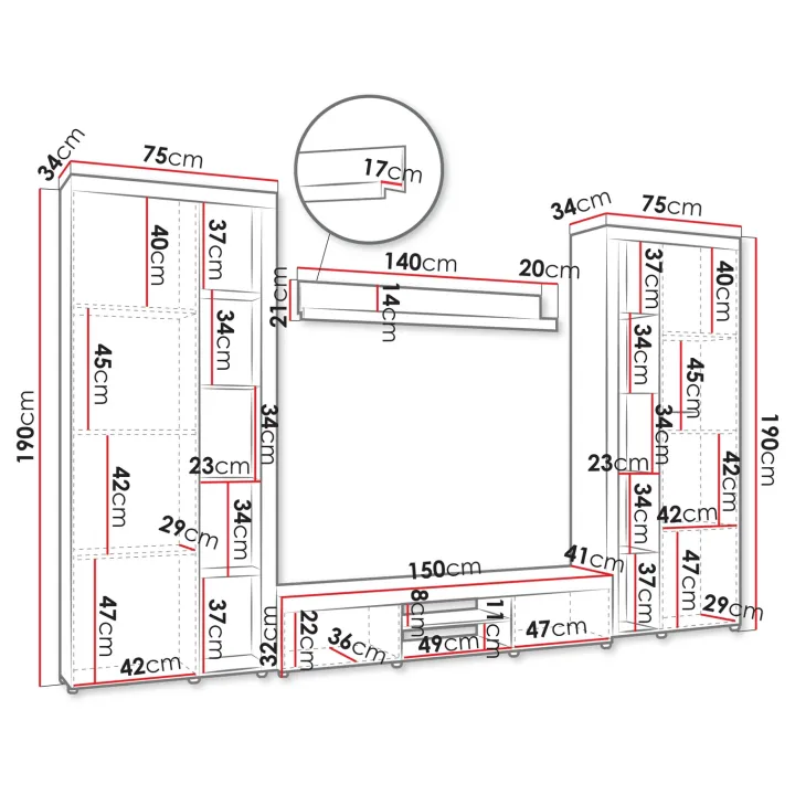 Parete attrezzata soggiorno 300x190h cm con porta tv rovere Haarlem