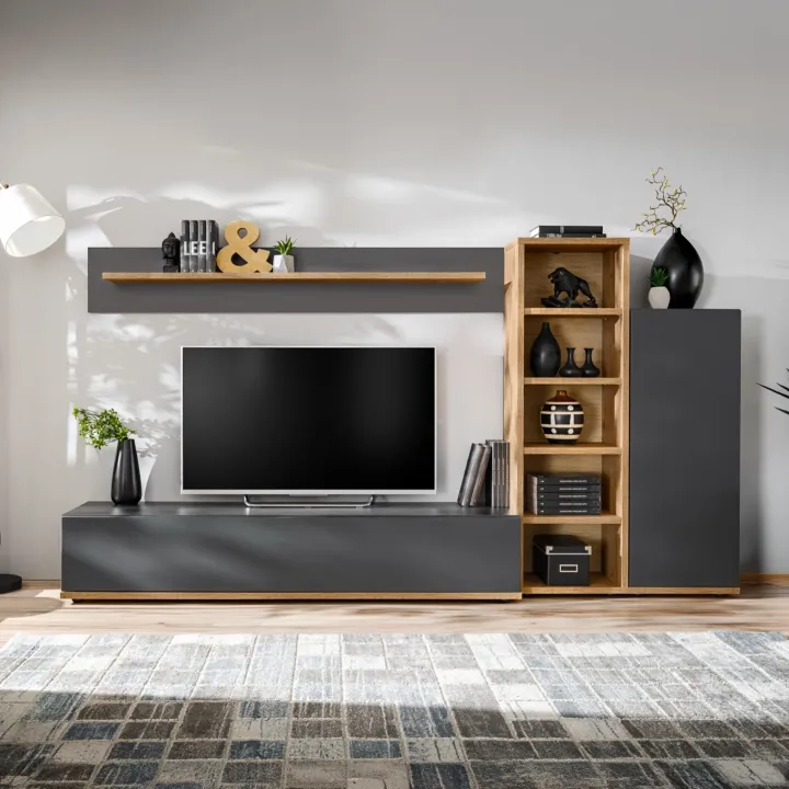 Parete attrezzata soggiorno 240x130h cm moderna antracite rovere Definity