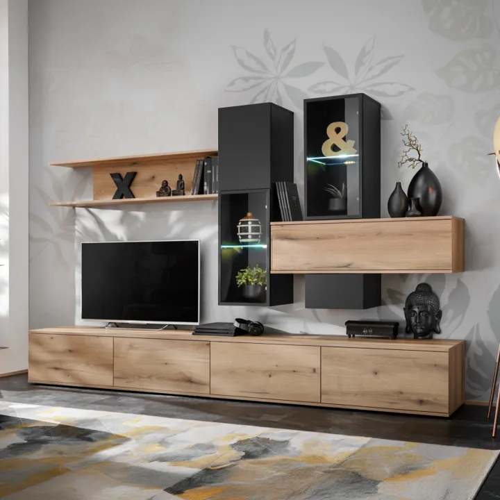 Parete attrezzata soggiorno 280x180h cm moderna nero opaco rovere Linex