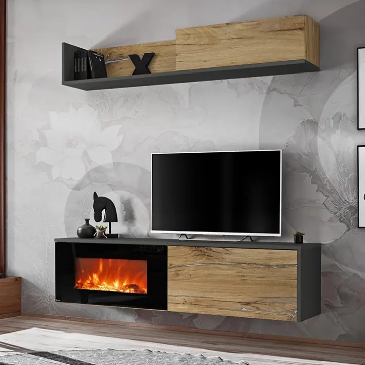 Parete attrezzata sospesa con caminetto elettrico 180x180h cm rovere antico antracite Botticelli
