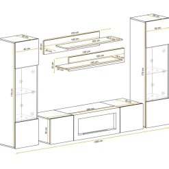 Parete attrezzata sospesa 260x170h cm con biocamino e vetrine rovere Ignis 6 Gihome®
