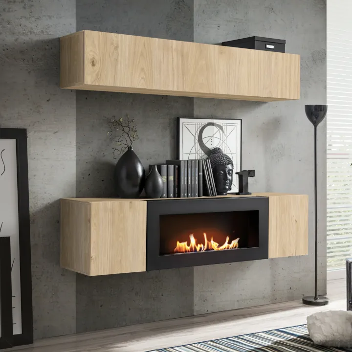 Parete attrezzata sospesa 160x150h cm con biocamino rovere Ignis 2 Gihome®