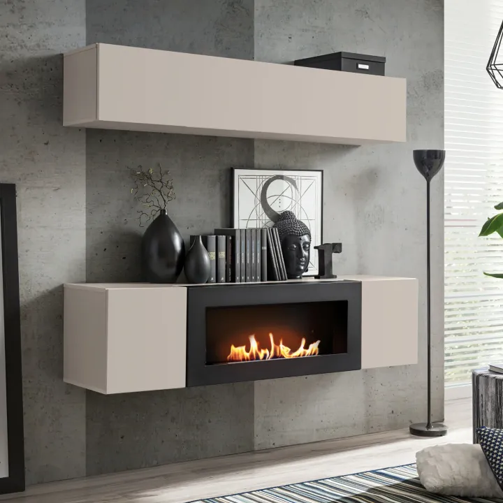 Parete attrezzata sospesa 160x150h cm con biocamino beige cashmere Ignis 2 Gihome®