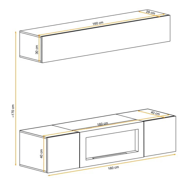 Parete attrezzata sospesa 160x150h cm con biocamino beige cashmere Ignis 2 Gihome®