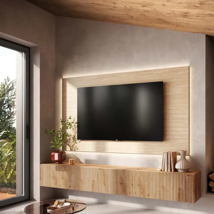 Parete attrezzata sospesa 207x180h cm effetto travertino rovere chiaro Sunset Decor 1046