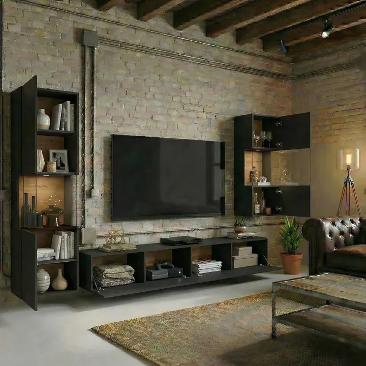 Parete attrezzata sospesa 226x140h cm nero rovere Fusion 2