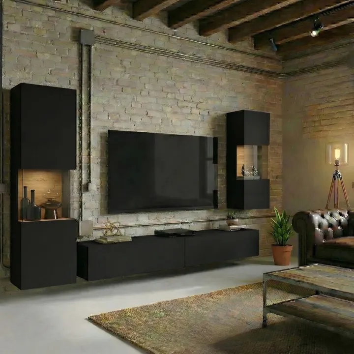 Parete attrezzata sospesa 226x140h cm nero rovere Fusion 2