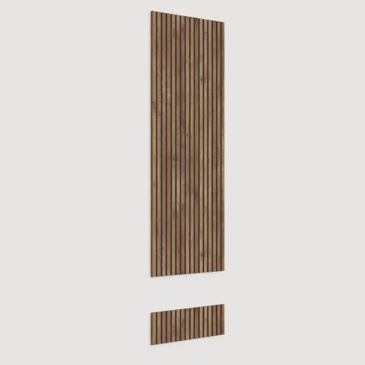 Parete attrezzata sospesa 276x260h cm con pannello cannettato grigio chiaro scuro rovere scuro Sunset Decor 1032