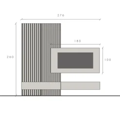 Parete attrezzata sospesa 276x260h cm con pannello cannettato grigio chiaro scuro rovere scuro Sunset Decor 1032