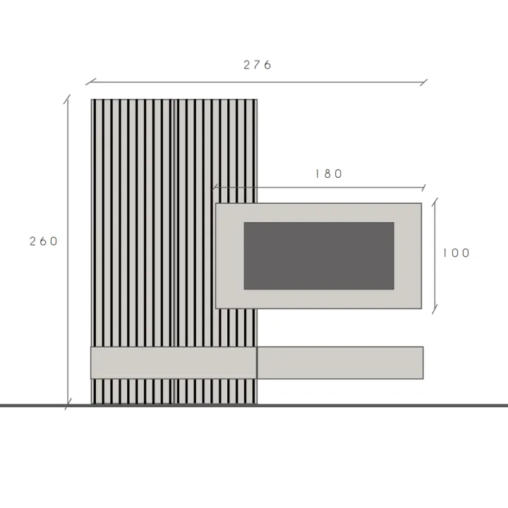 Parete attrezzata sospesa 276x260h cm con pannello cannettato grigio chiaro scuro rovere scuro Sunset Decor 1032