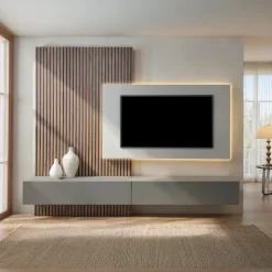 Parete attrezzata sospesa 276x260h cm con pannello cannettato grigio chiaro scuro rovere scuro Sunset Decor 1032