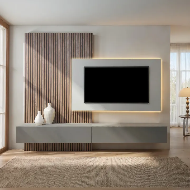 Parete attrezzata sospesa 276x260h cm con pannello cannettato grigio chiaro scuro rovere scuro Sunset Decor 1032