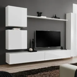 Parete attrezzata sospesa 280x180h cm bianco opaco e lucido Geo 07