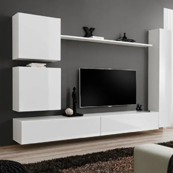 Parete attrezzata sospesa 280x180h cm bianco opaco e lucido Geo 07