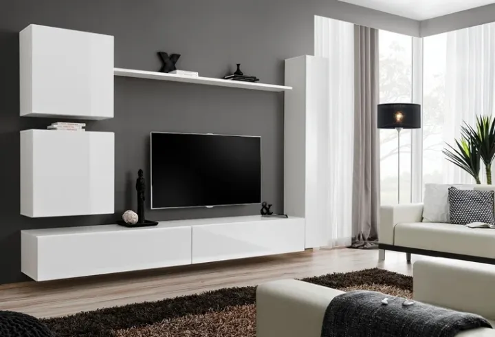 Parete attrezzata sospesa 280x180h cm bianco opaco e lucido Geo 07