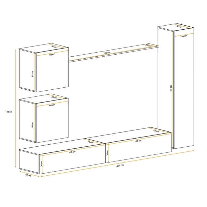Parete attrezzata sospesa 280x180h cm bianco opaco e lucido Geo 07