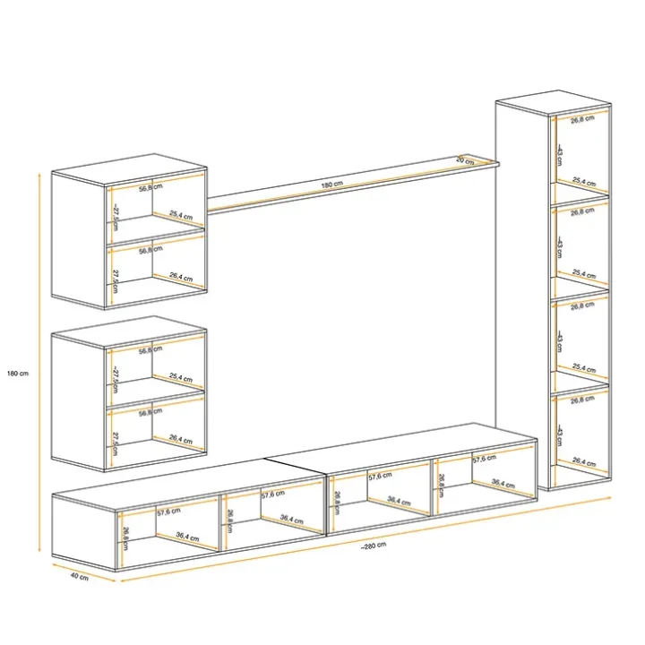 Parete attrezzata sospesa 280x180h cm bianco opaco e lucido Geo 07