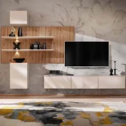 Parete attrezzata sospesa 280x180h cm beige cashmere rovere con stampa nera Barcellona