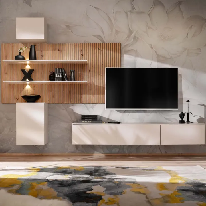 Parete attrezzata sospesa 280x180h cm beige cashmere rovere con stampa nera Barcellona