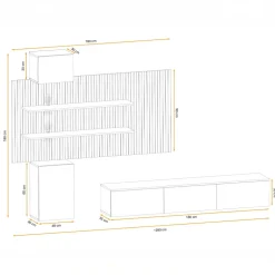Parete attrezzata sospesa 280x180h cm beige cashmere rovere con stampa nera Barcellona