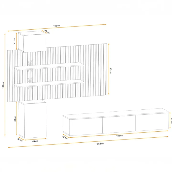 Parete attrezzata sospesa 280x180h cm beige cashmere rovere con stampa nera Barcellona