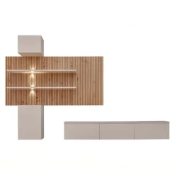 Parete attrezzata sospesa 280x180h cm beige cashmere rovere con stampa nera Barcellona