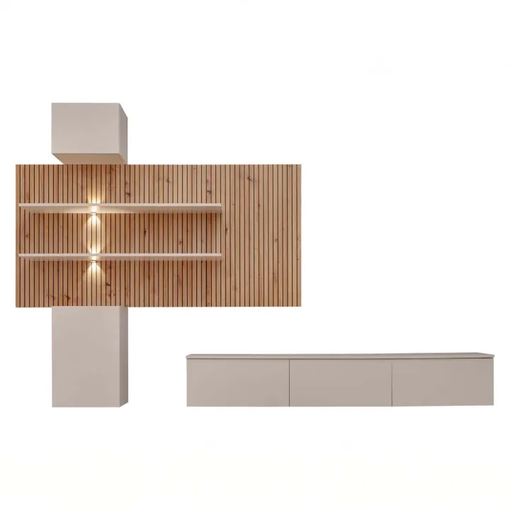 Parete attrezzata sospesa 280x180h cm beige cashmere rovere con stampa nera Barcellona
