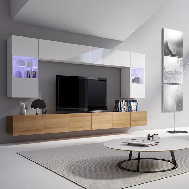 Parete attrezzata sospesa 300x185h cm porta tv con vetrine bianco lucido rovere Mons