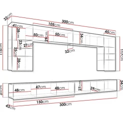Parete attrezzata sospesa 300x185h cm porta tv con vetrine bianco lucido rovere Mons