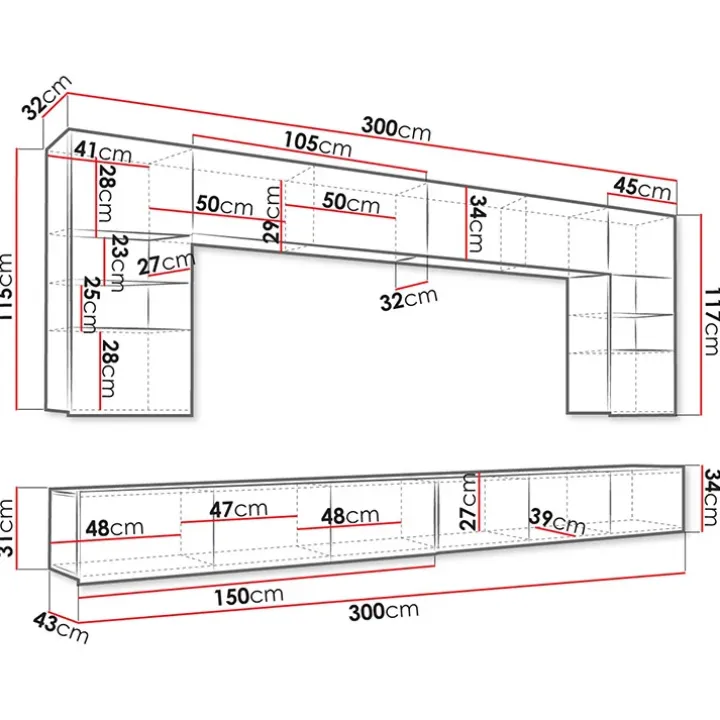 Parete attrezzata sospesa 300x185h cm porta tv con vetrine bianco lucido rovere Mons