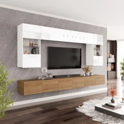 Parete attrezzata sospesa 300x185h cm porta tv con vetrine bianco lucido rovere Mons