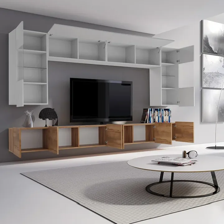 Parete attrezzata sospesa 300x185h cm porta tv con vetrine bianco lucido rovere Mons
